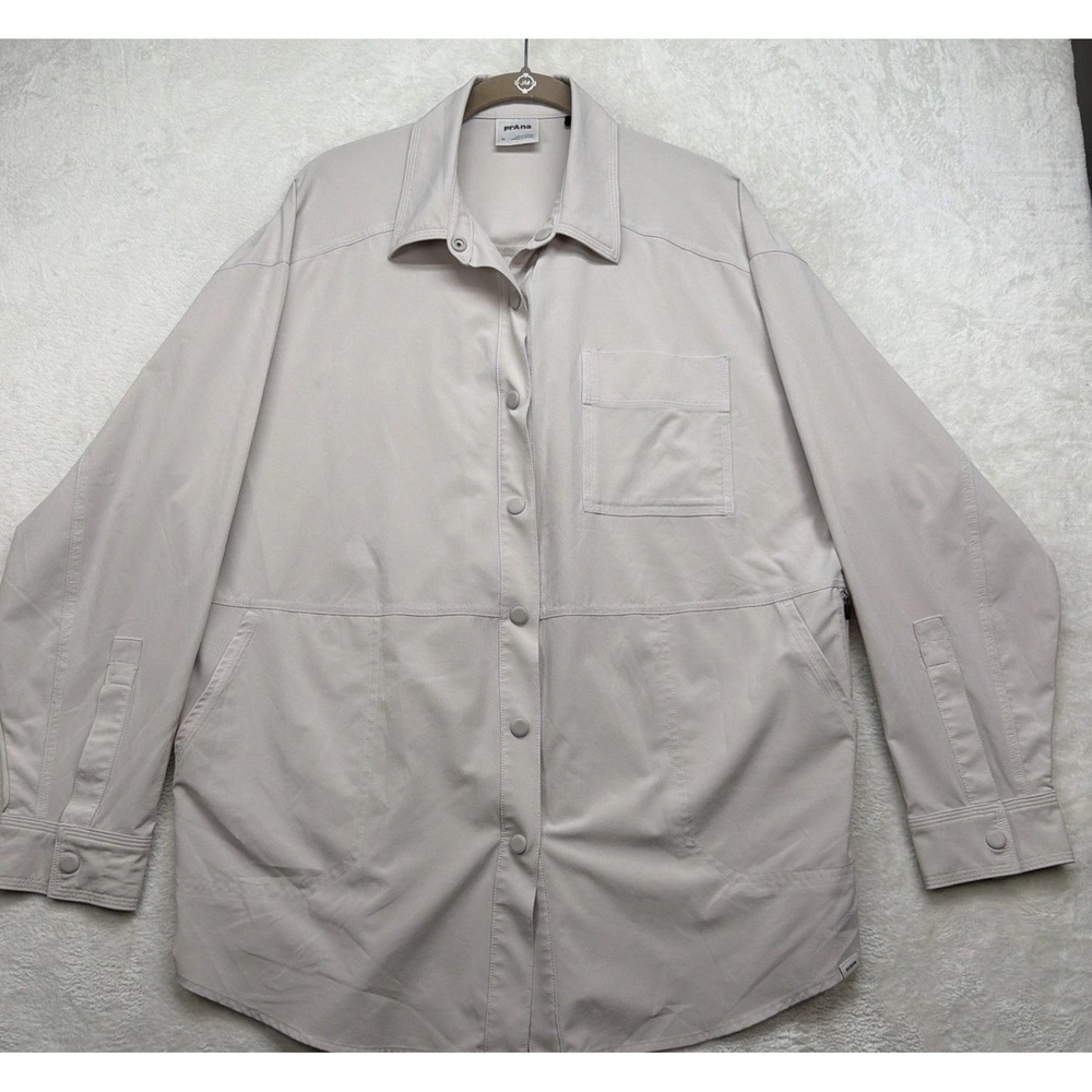 prAna Shirt Jacket Womens M Beige Snap Front Overshirt Shacket Utility Travel